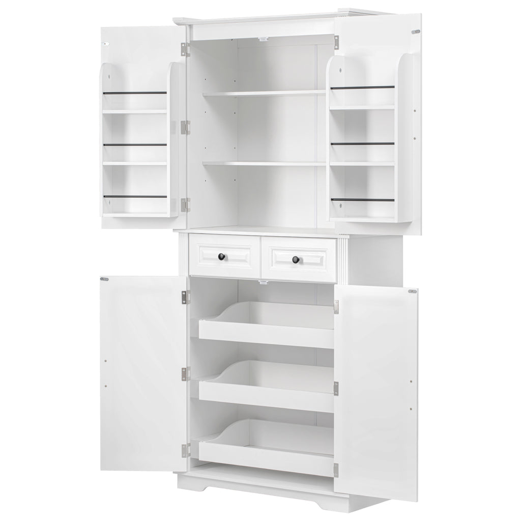 K&K 71' Tall Kitchen Pantry Cabinet with 3 Pull Out Cabinet Organizers, Farmhouse Embossed Texture Storage Cabinet with 6 Door Shelves, 2 Drawers, Freestanding Cupboard for Kitchen, Dining Room White - Grand Goldman Shop