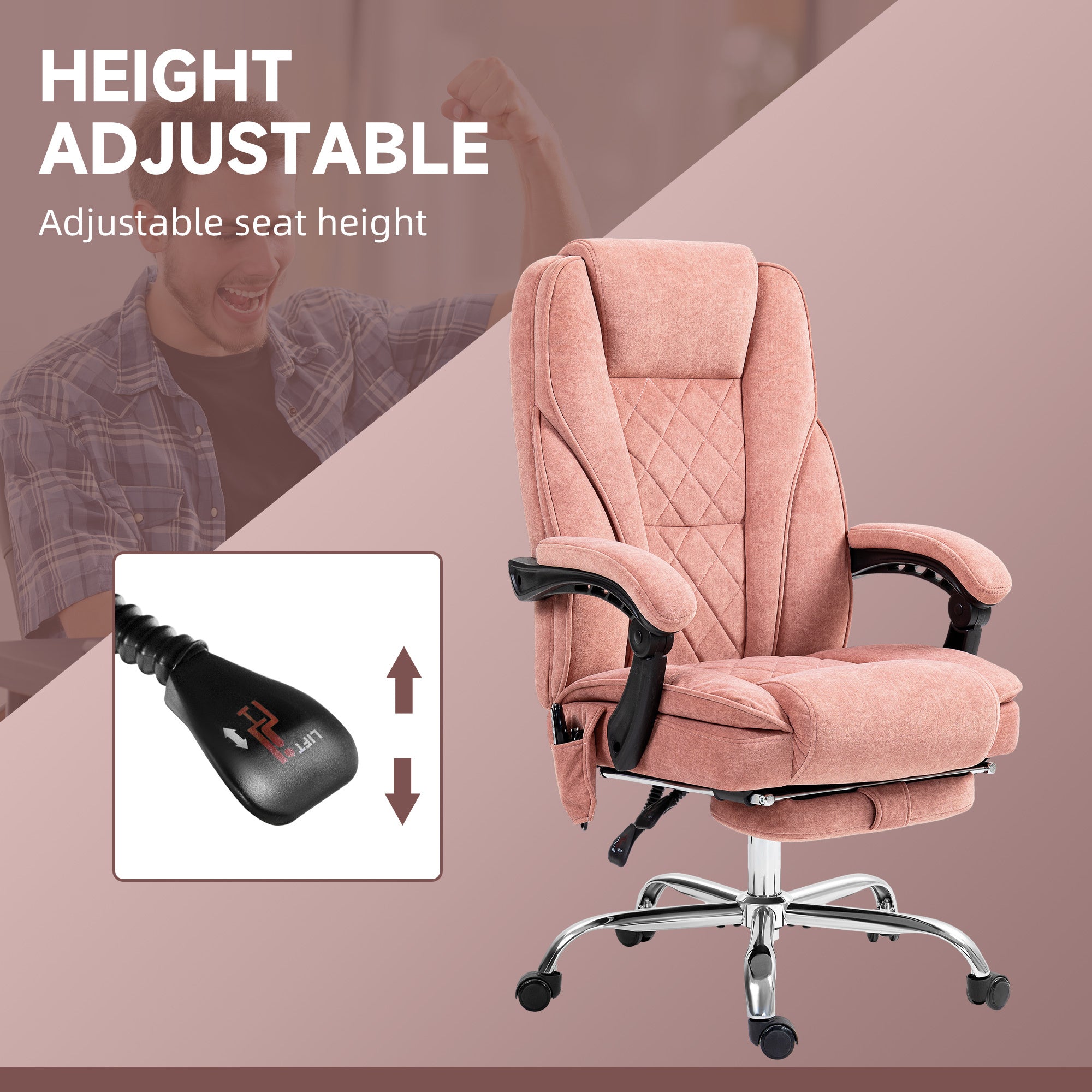 Heated Reclining Massage Office Chair with Adjustable Height and Footrest, Pink - Grand Goldman