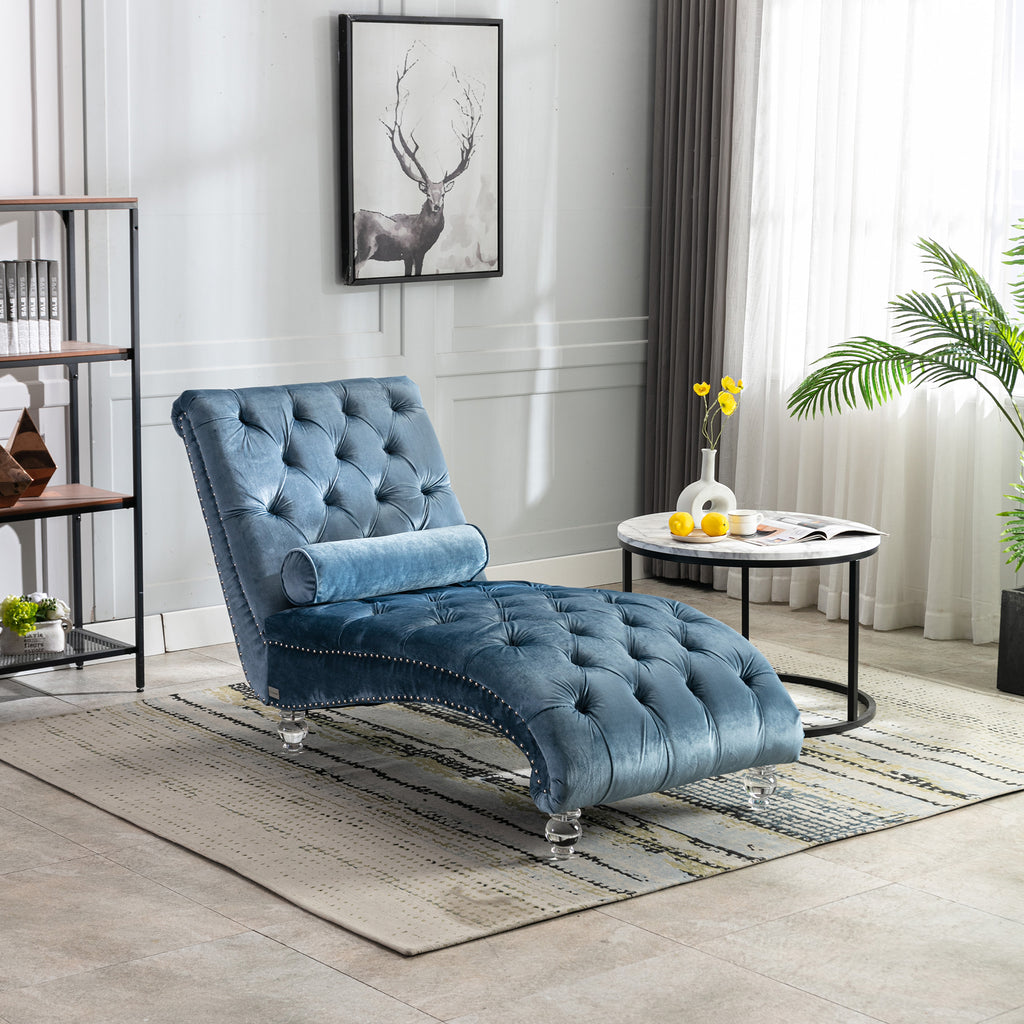 Velvet Chaise Lounge Chair with Pillow, Button-Tufted Upholstered, Light Blue, Solid Wood Frame, Acrylic Legs - Grand Goldman Shop