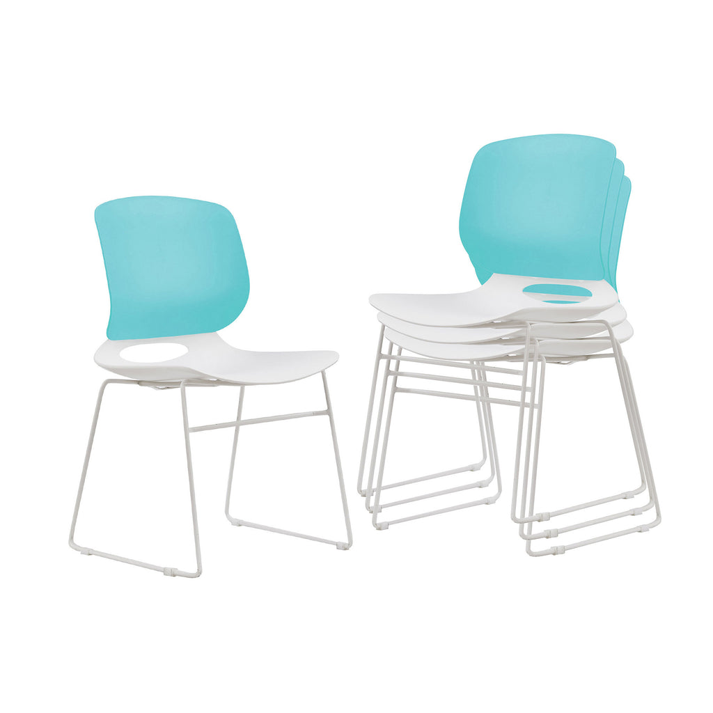 Modern Stacking Chairs Set of 4 in White and Blue with Polypropylene Seat and Fiberglass Reinforced Back, 18.9 x 19.7 x 34.45