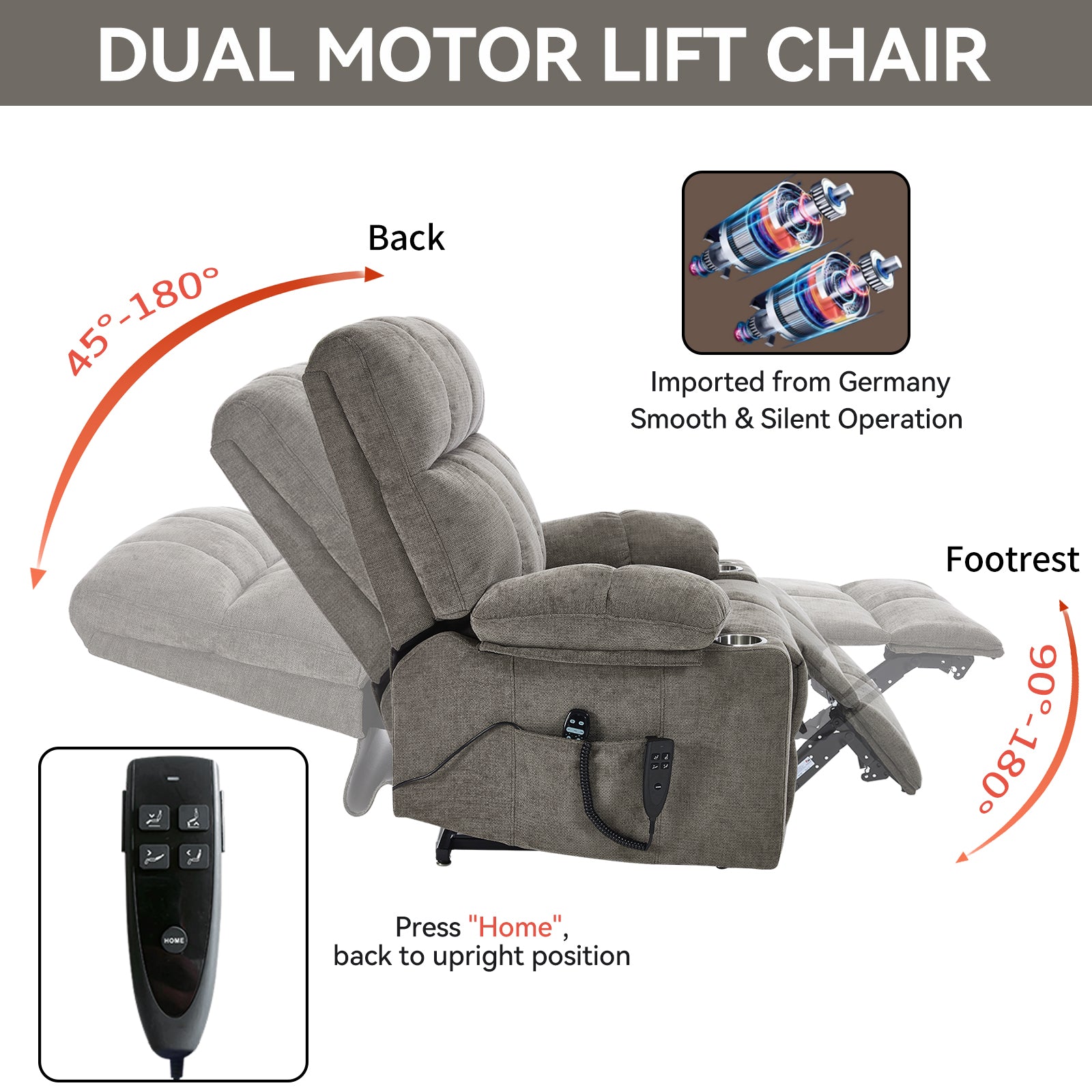 Brown Dual Motor Infinite Position Up to 350 LBS Chenille Power Lift Recliner Chair, Heavy Duty Motion Mechanism with 8-Point Vibration Massage and Lumbar Heating, Dual Cup Holders - Grand Goldman Shop