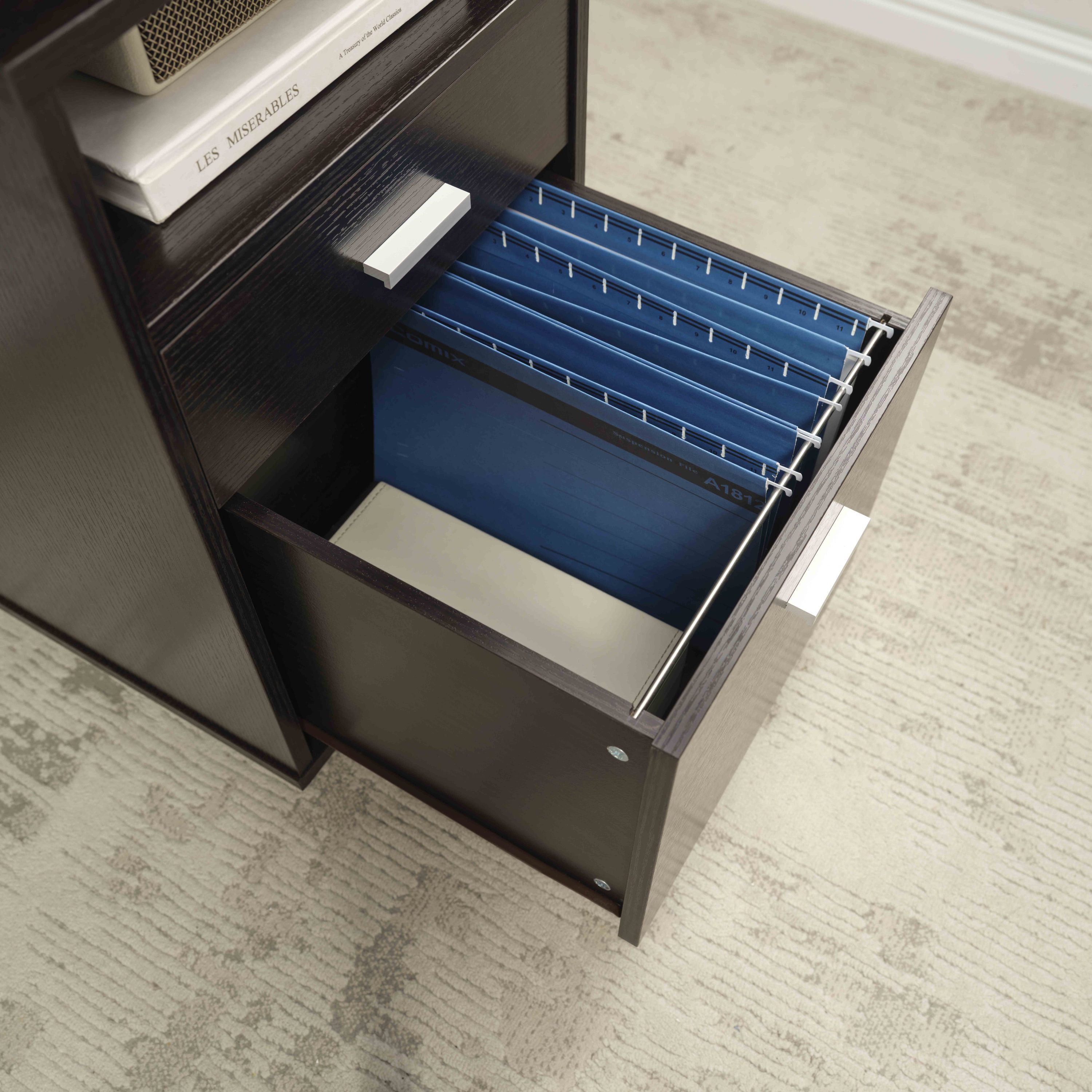 Home office desk with modesty panel and detached file cabinet on locking wheels with two drawers file drawer cubby shelf meta