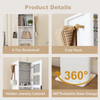 360° Rotating White Makeup Cabinet with Full-Length Mirror, Jewelry Storage, Coat Rack, 4 Open Shelves, 2 Built-In Shelves, MDF and Glass - Grand Goldman Shop