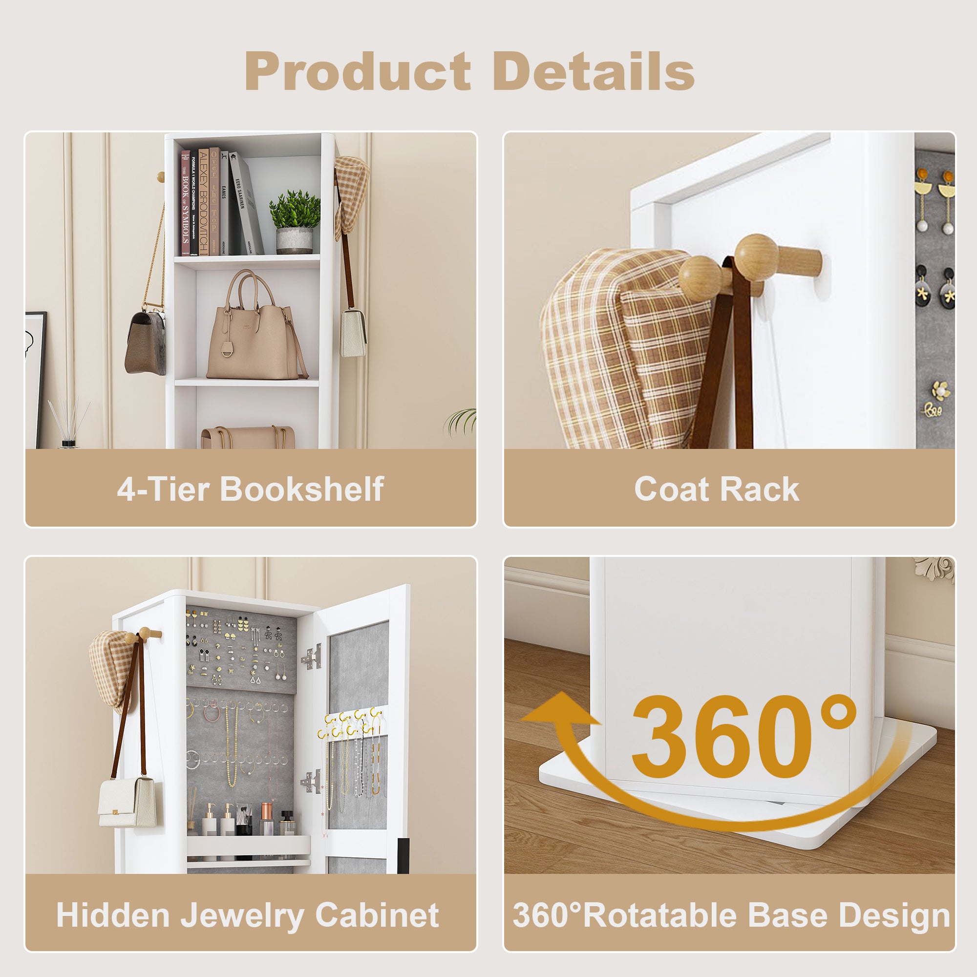 360° Rotating White Makeup Cabinet with Full-Length Mirror, Jewelry Storage, Coat Rack, 4 Open Shelves, 2 Built-In Shelves, MDF and Glass - Grand Goldman Shop