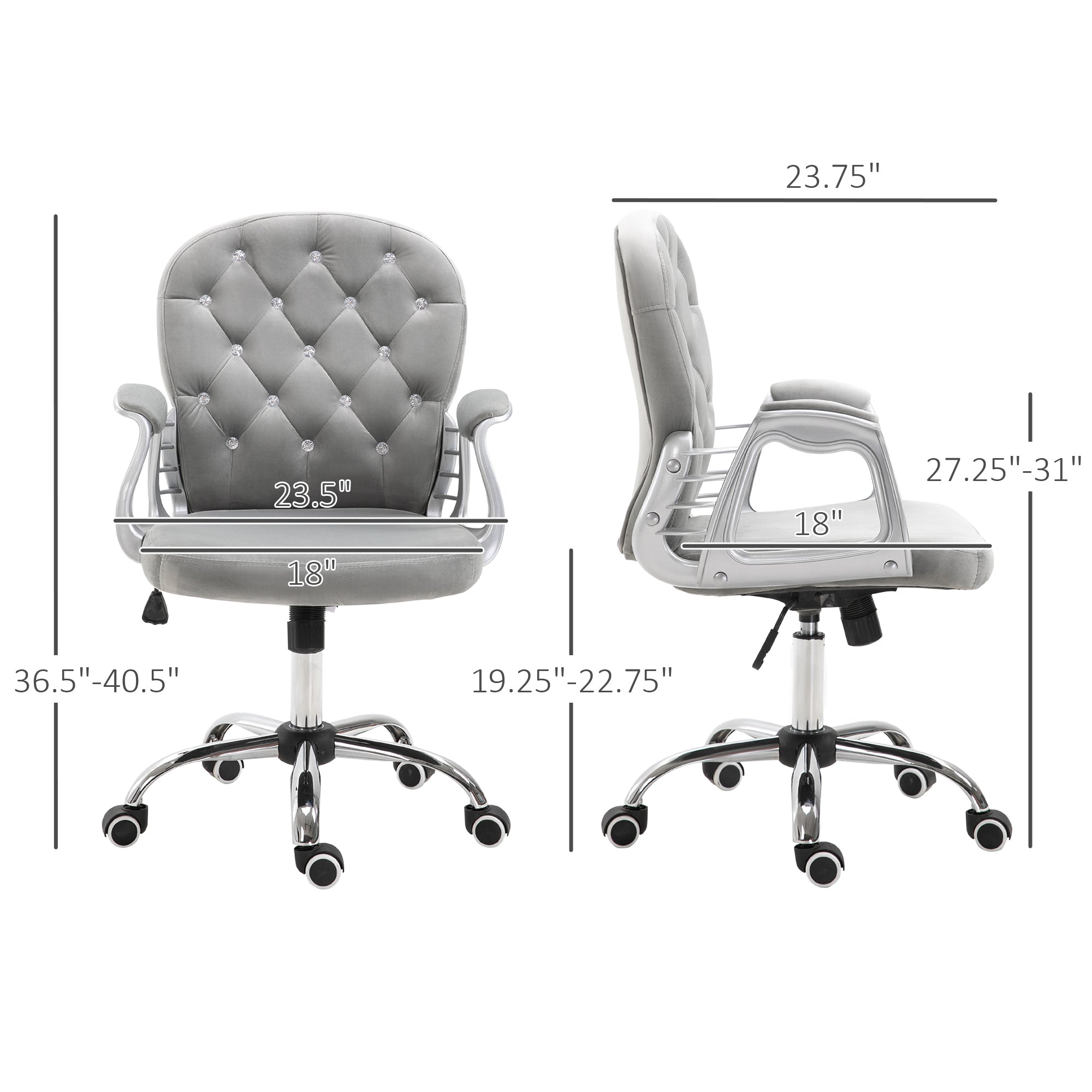 Velvet Home Office Chair, Button Tufted Desk Chair with Padded Armrests, Adjustable Height and Swivel Wheels, Gray | Premium 