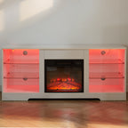 TV Stand Electric Fireplace TV Stand with Glass Shelves, 3D Fireplace TV Stand with LED Lights Wood with USB Charging Outlet Modern Television Table Center for TV up to 32-62' White 58''W*15.4''D*24.6 - Grand Goldman Shop
