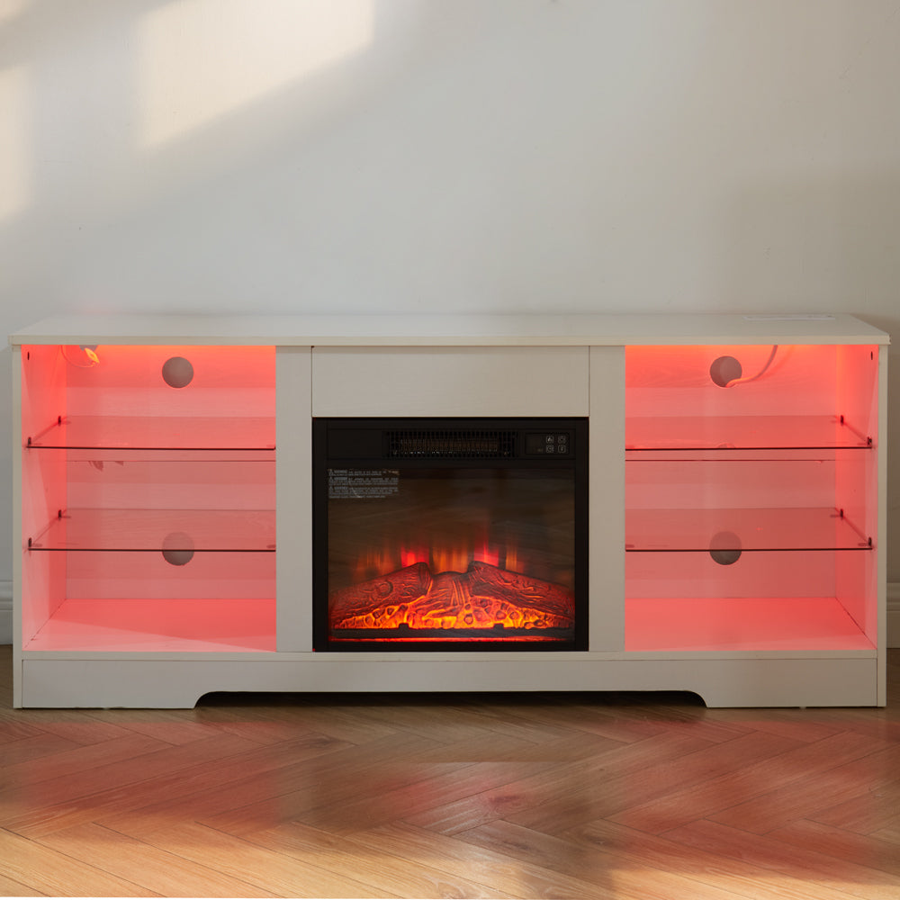TV Stand Electric Fireplace TV Stand with Glass Shelves, 3D Fireplace TV Stand with LED Lights Wood with USB Charging Outlet Modern Television Table Center for TV up to 32-62' White 58''W*15.4''D*24.6 - Grand Goldman Shop