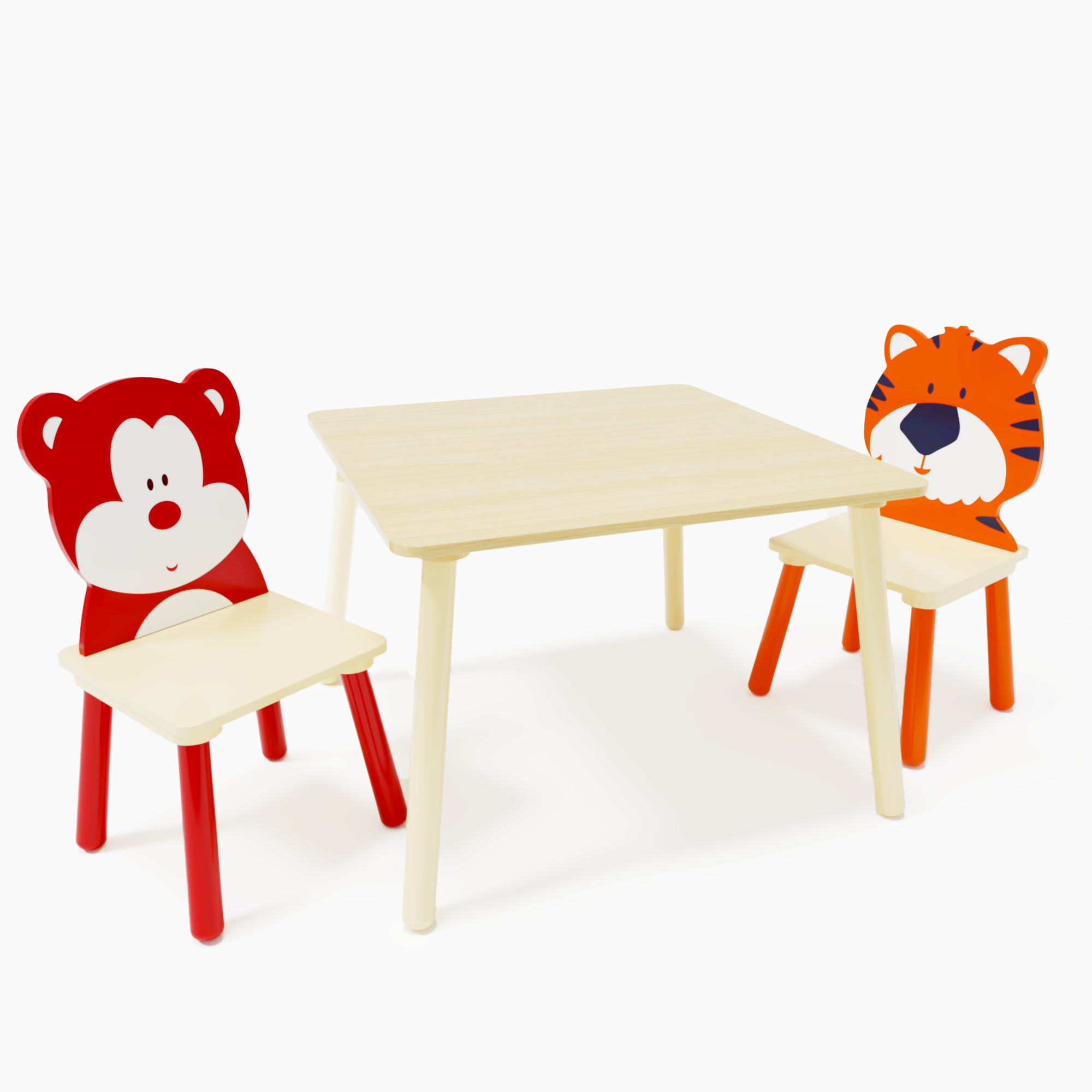 Kids Table and 2 Chairs Set, Wooden Activity Play Table Set with Bear & Tiger Design in White & Orange, Solid Wood and MDF Co