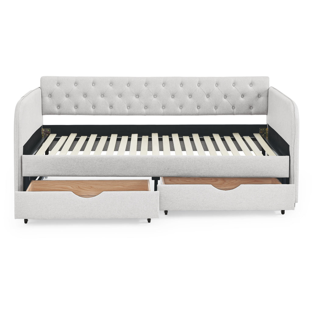 Linen Beige Twin Size Upholstered Daybed with Trundle and Storage Drawers, Flat Arms with Pocket, Extendable for Bedroom or Living Room - Grand Goldman Shop
