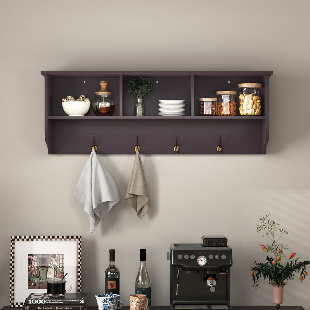 Espresso Entryway Wall Mounted Coat Rack with 4 Dual Hooks Living Room Wooden Storage Shelf - Grand Goldman Shop