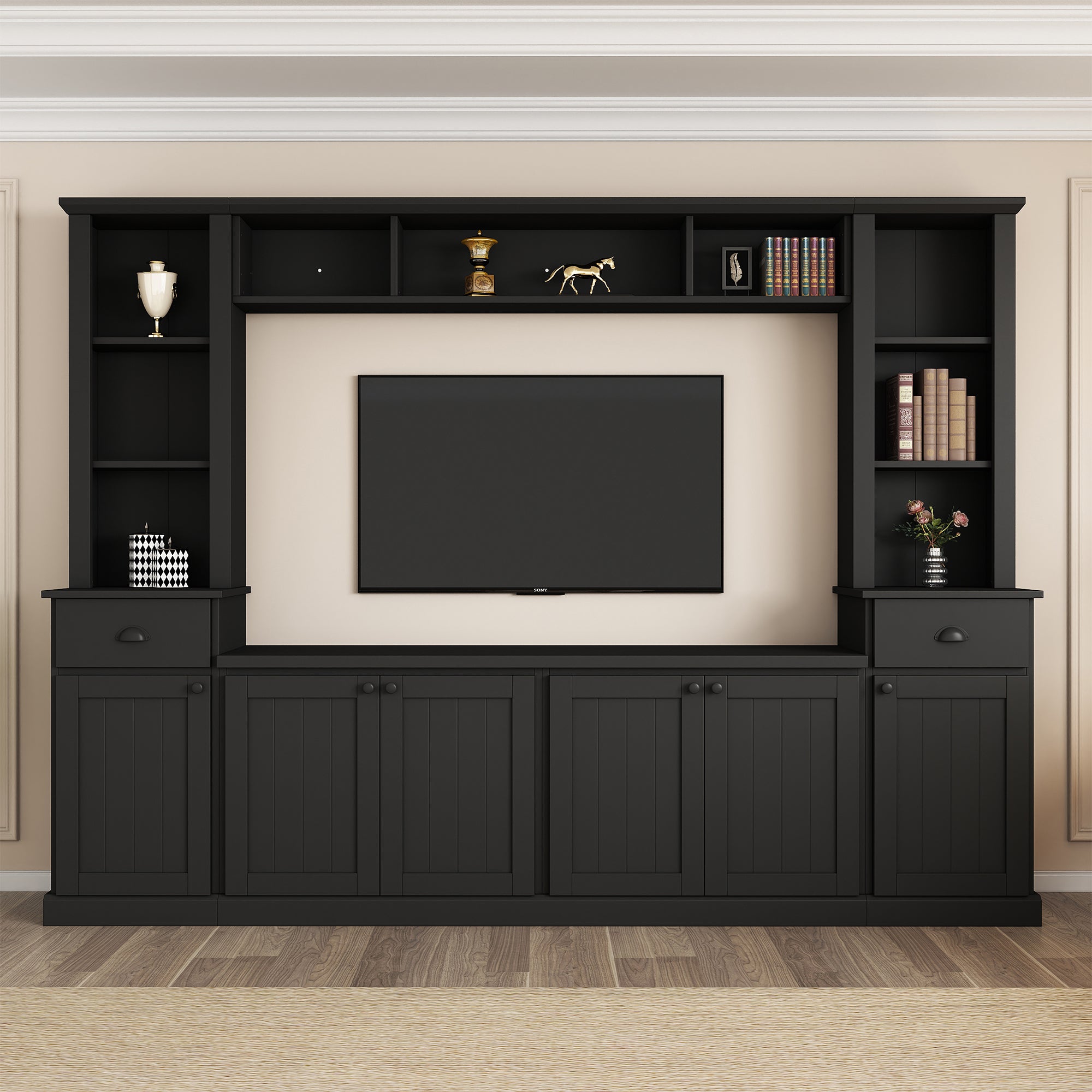 Minimalist Entertainment Wall Unit Set with Bridge for TVs Up to 75'', Ample Storage Space TV Stand with Adjustable Shelves, Modernist Large Media Console for Living Room, Black - Grand Goldman Shop