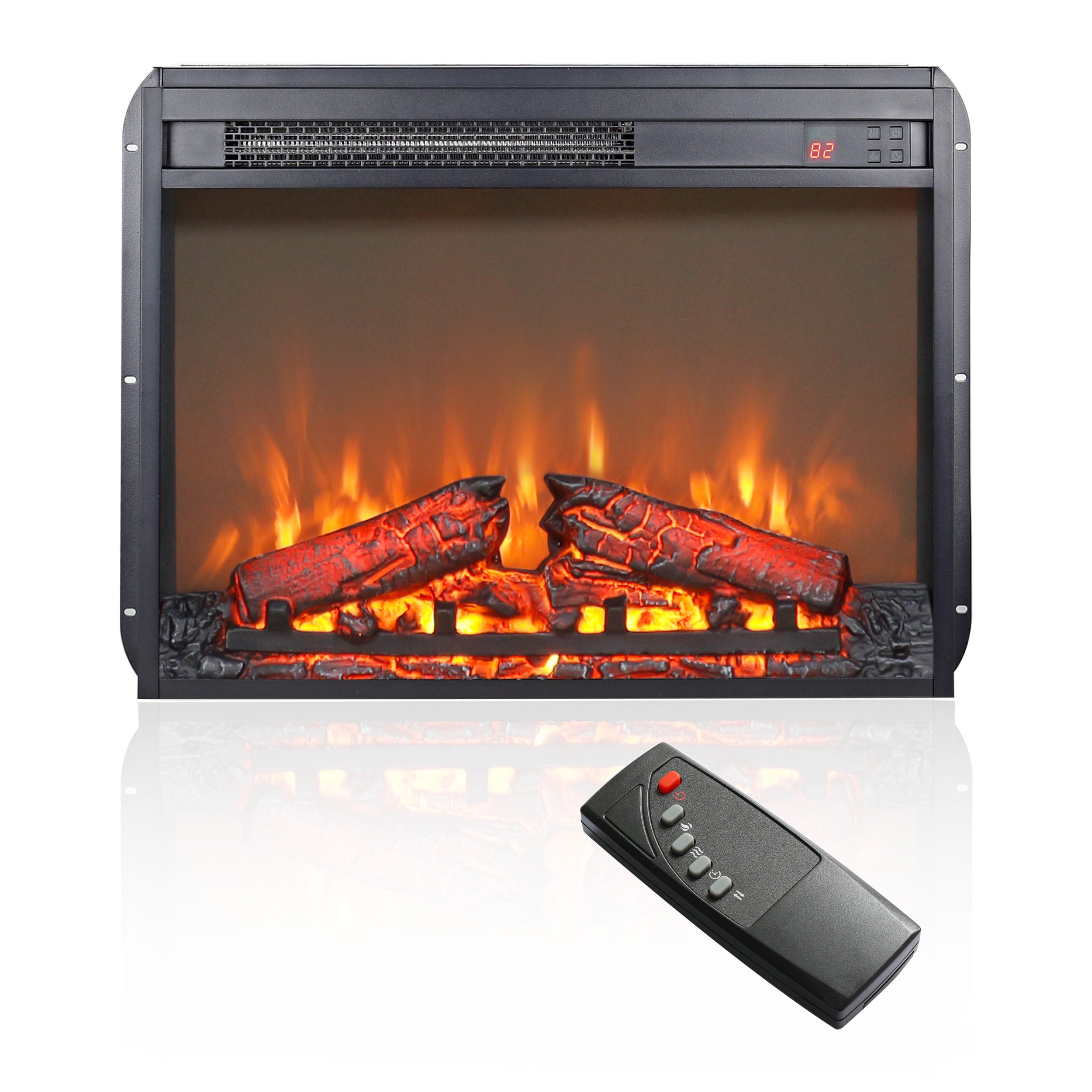 23 inch electric fireplace insert, ultra thin heater with log set & realistic flame, remote control with timer, overheating protection - Grand Goldman Shop