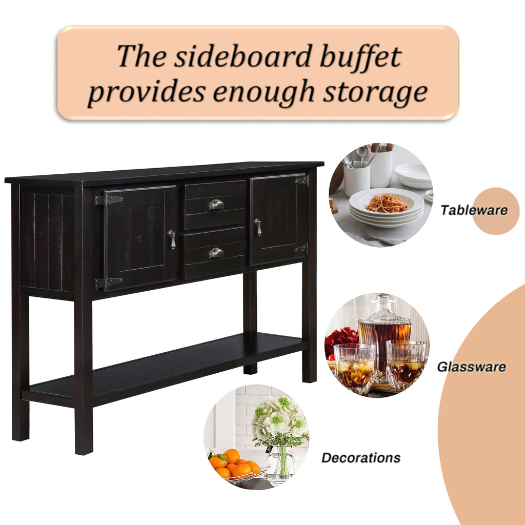 48'' Solid Wood Sideboard Console Table with 2 Drawers and Cabinets and Bottom Shelf, Retro Style Storage Dining Buffet Server Cabinet for Living Room Kitchen Dining Room (Espresso - Grand Goldman Shop