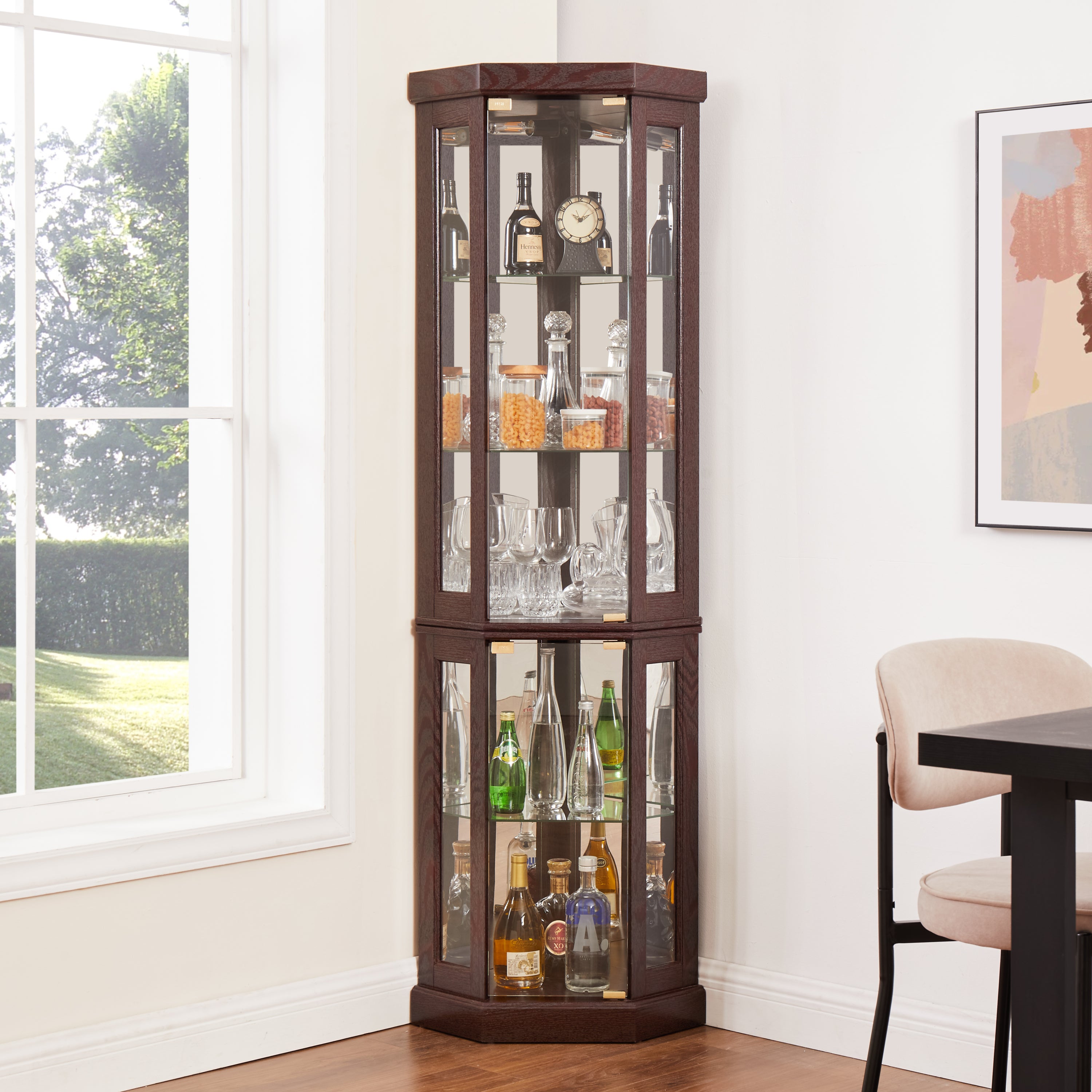 Corner Glass Cabinet Lighted Curio Cabinet Corner Display Case for Living Room, Curio Cabinet, Antique collection, Wine,Bar Glass Storage Light Included,Dark Cherry - Grand Goldman Shop