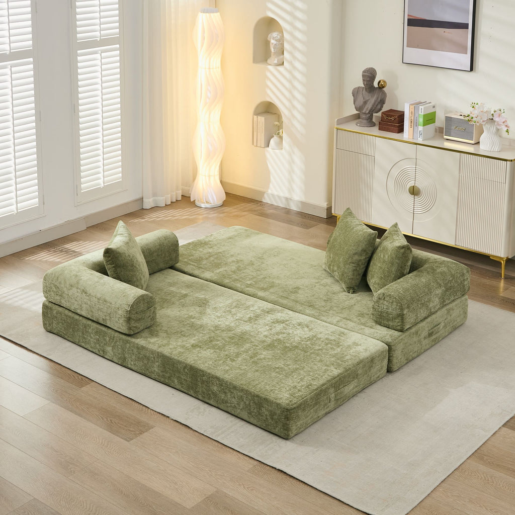 Comfy Convertible Folding Mattress Couch, Floor Sofa Bed, Chenille Floor Sofa with Armrest, Floor Sofa Lounge Couch for Living Room Bedroom Lounge Studio-Green - Grand Goldman Shop