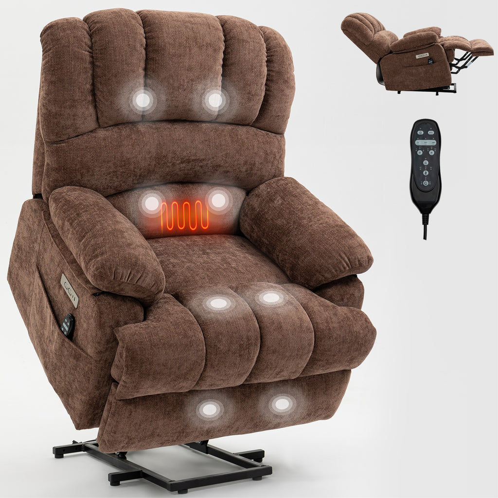 23' Seat Width and High Back Large Size Chenille Power Lift Recliner Chair with 8-Point Vibration Massage and Lumbar Heating, Brown - Grand Goldman Shop