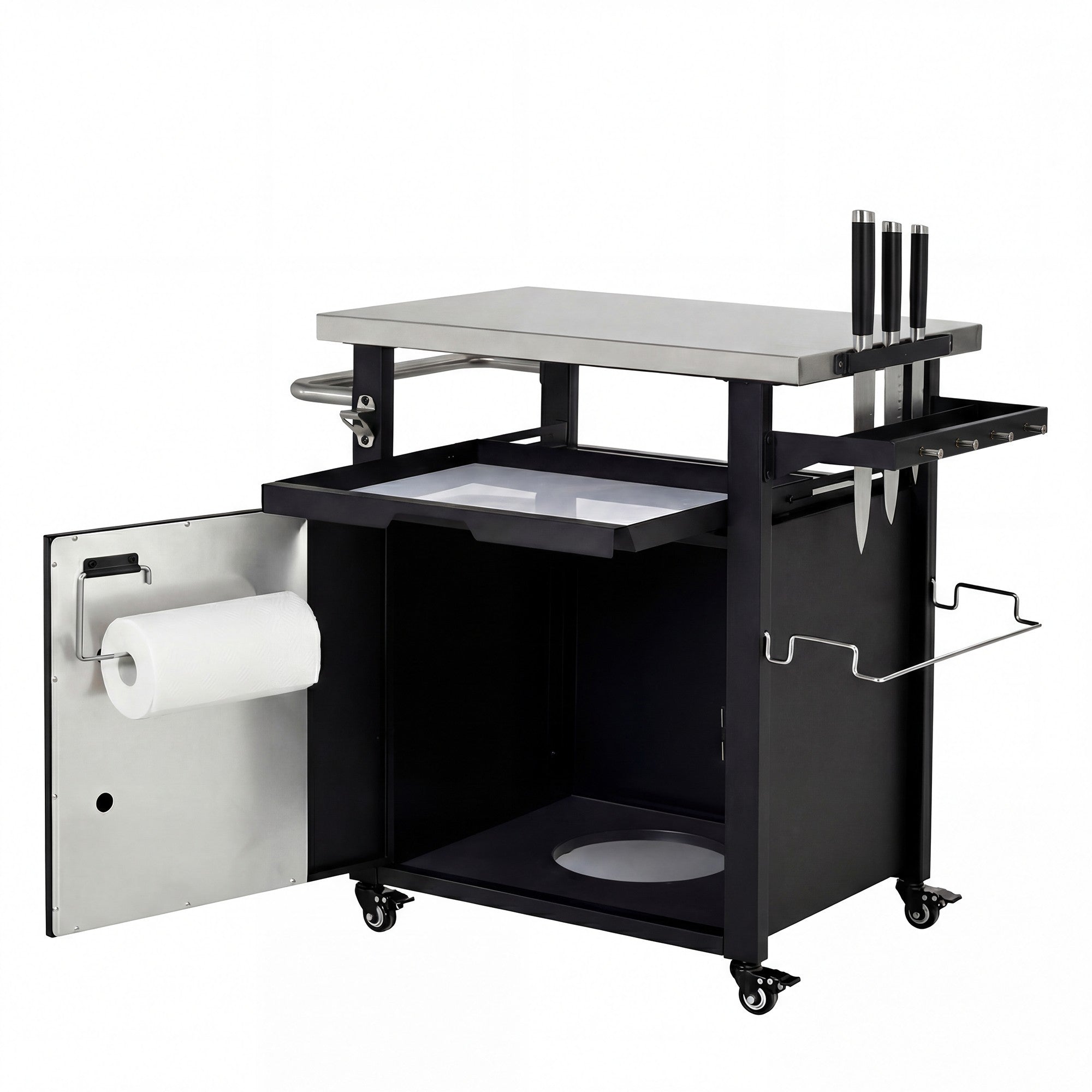 K&K 39.5' Outdoor Grill Cart with Storage Cabinet, Outdoor Bar Cart Pizza Oven Table with Wheels, Stainless Steel Top, Outdoor Kitchen Island with Spice & Paper Rack for BBQ, Waterproof Cover Included - Grand Goldman Shop