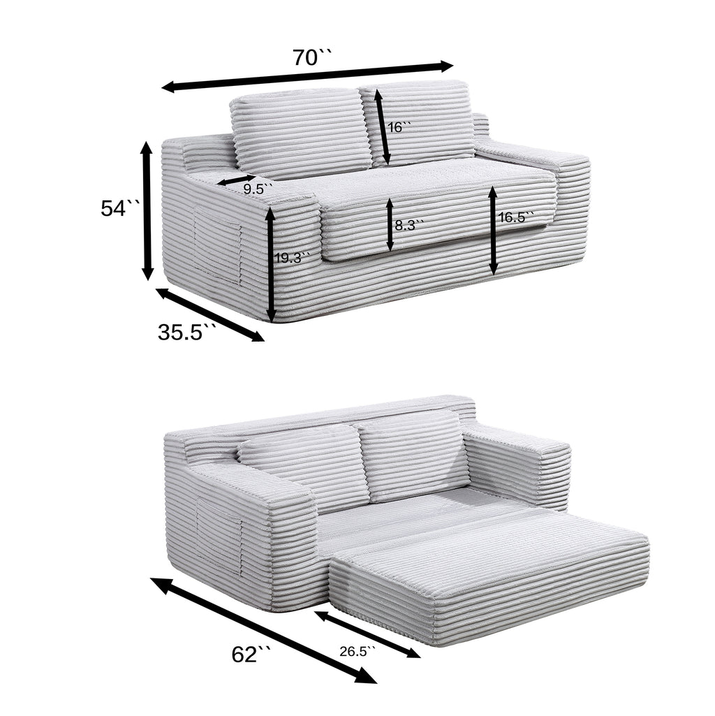 Corduroy Cloud Double Sofa, 2-in-1 Convertible Sofa Bed, Comfortable Boneless Double Sofa, Suitable for Living Room, Apartment, Small Space Grey - Grand Goldman Shop