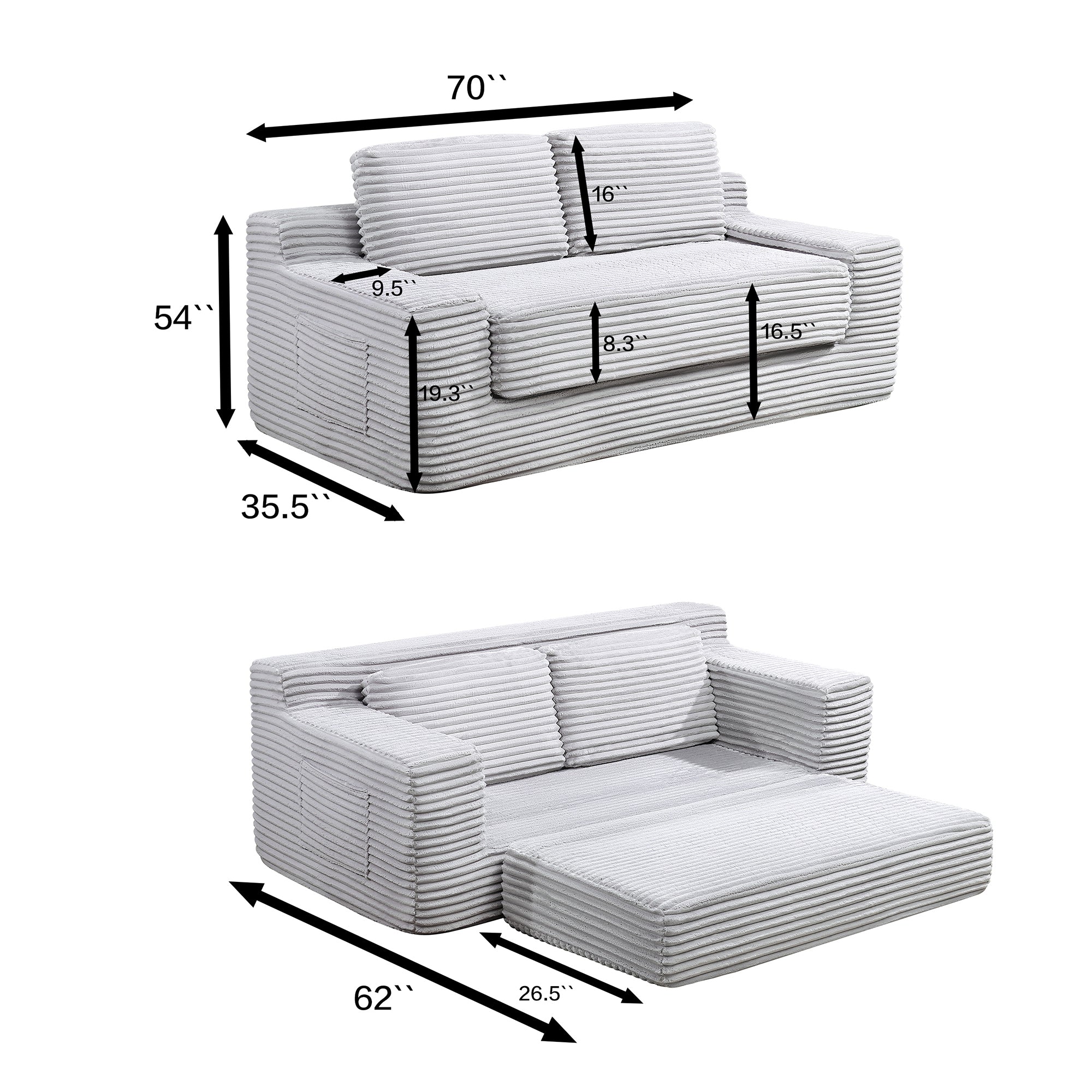 Corduroy Cloud Double Sofa, 2-in-1 Convertible Sofa Bed, Comfortable Boneless Double Sofa, Suitable for Living Room, Apartment, Small Space Grey - Grand Goldman Shop