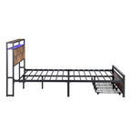 Full Size Bed Frame with Storage Headboard and 2 Drawers, LED Lights Bed with Charging Station, Metal Platform Bed No Noise, Mattress Foundation Strong Metal Slats Support No Box Spring Needed - Grand Goldman Shop