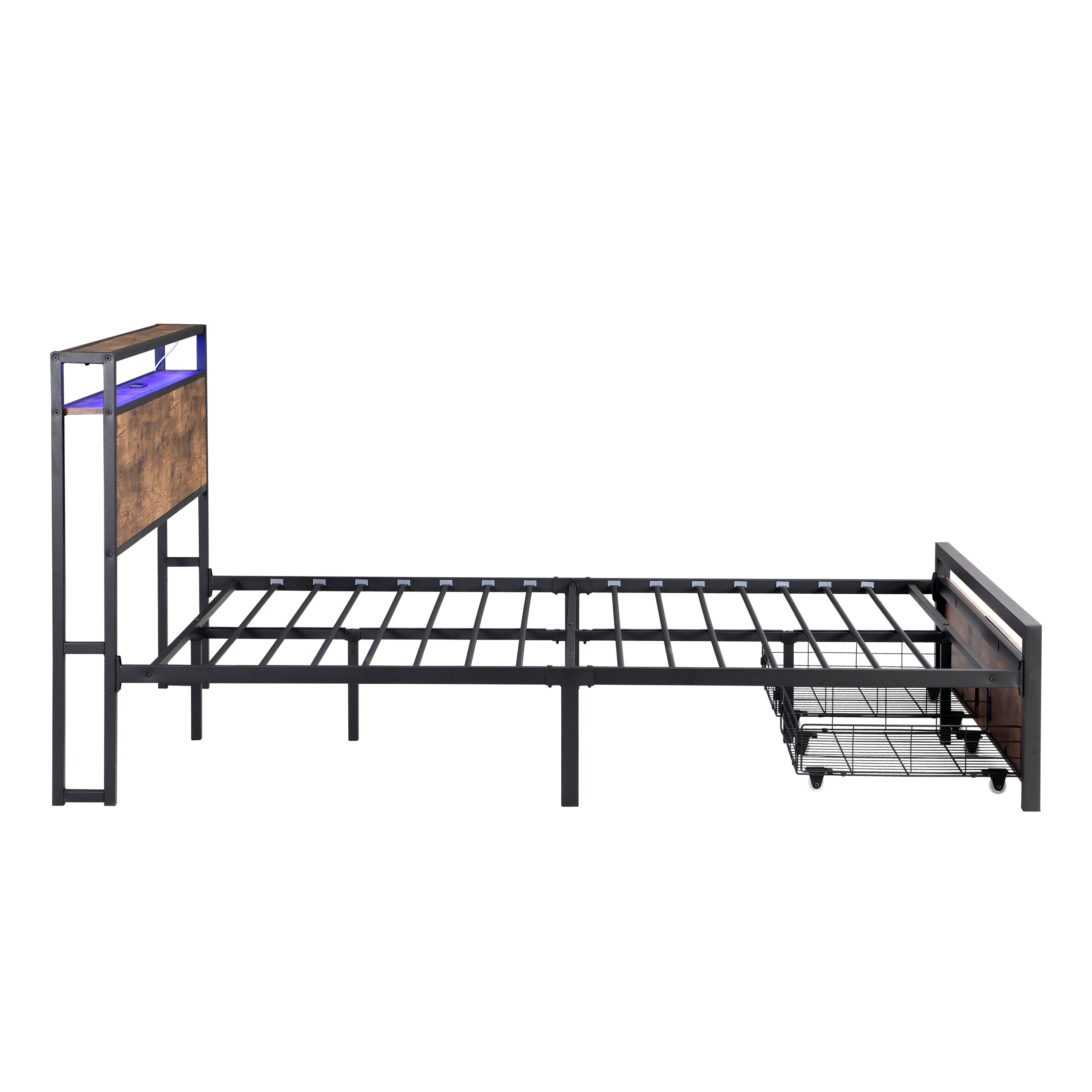 Full Size Bed Frame with Storage Headboard and 2 Drawers, LED Lights Bed with Charging Station, Metal Platform Bed No Noise, Mattress Foundation Strong Metal Slats Support No Box Spring Needed - Grand Goldman Shop