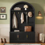 Farmhouse Fabric Arched Top Hall Tree with 5 Metal Hooks, All-in-One Mudroom Furniture with Adjustable Shelves, Mid-Century Fluted Door Entryway Bench with Wood Grain Finish for Hallway, Black - Grand Goldman Shop