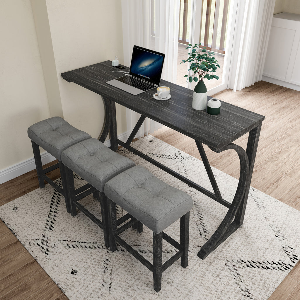 Bar Table Set with Power Outlet, Bar Table and Chairs Set, 4 Piece Dining Table Set, Industrial Breakfast Table Set, for Living Room, Dining Room, Game Room - Grand Goldman Shop