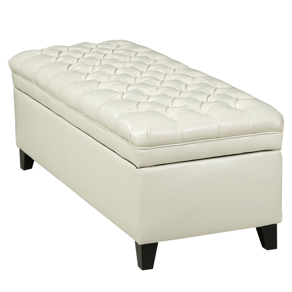 Juliana Storage Ottoman with Hidden Compartment in Ivory PU Leather, 50 x 20.5 Inches - Grand Goldman Shop