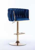 Set of 2  Bar Stools,with Chrome Footrest and Base Swivel Height Adjustable Mechanical Lifting Velvet + Golden Leg Simple Bar Stool-Navy - Grand Goldman Shop