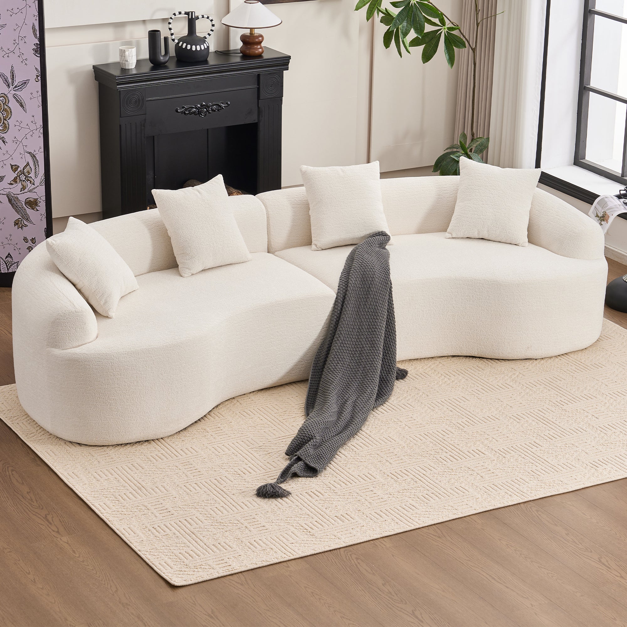 LY-025 Full Compression Sponge Sofa Cloud White Curved Modular Sectional 30D High-Density Chenille Sleeper Couch 110'L - Grand Goldman Shop