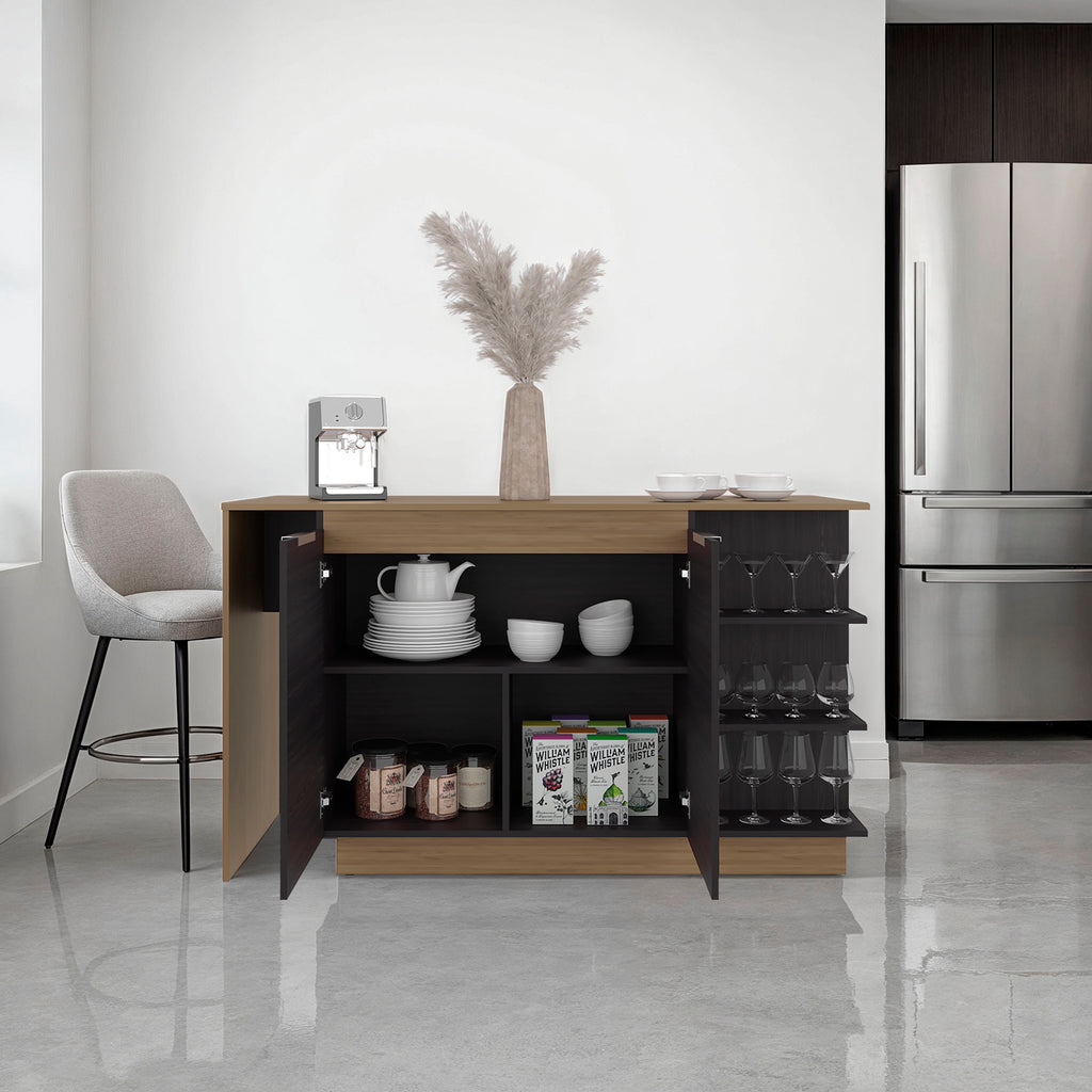 Dwight Kitchen Bar Counter with Shelves and Cabinets, Black Wengue / Natural Oak - Grand Goldman Shop