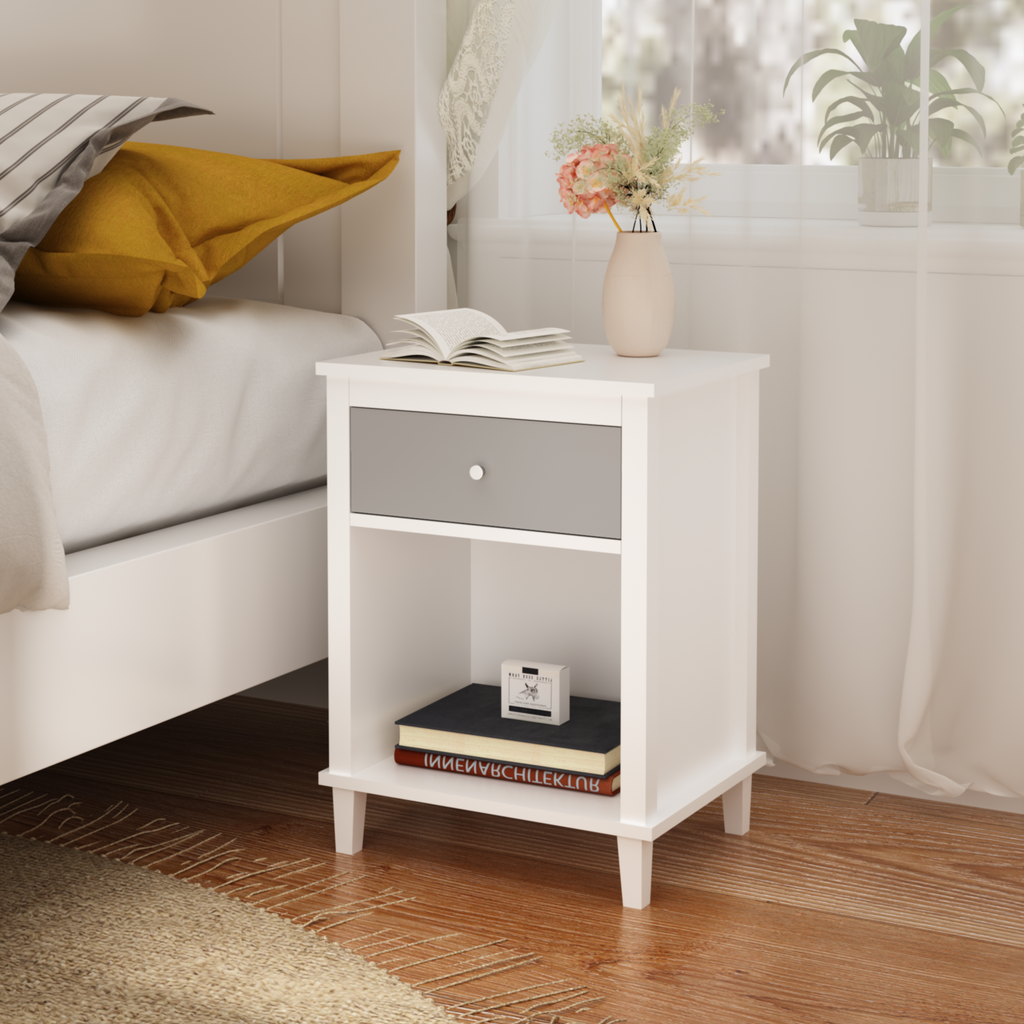 Gray+Silver Handle Wooden Nightstand 26.77''H with One Drawer One Shelf for Kids and Adults, White+Gray Finish MDF - Grand Goldman Shop