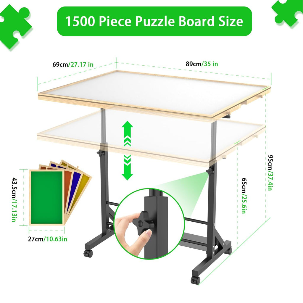 Wooden 1500 Pieces Puzzle Table with Drawer, 35'*27.17' Adjustable Puzzle Table, 360° Tilting Puzzle Table with Legs and Whee