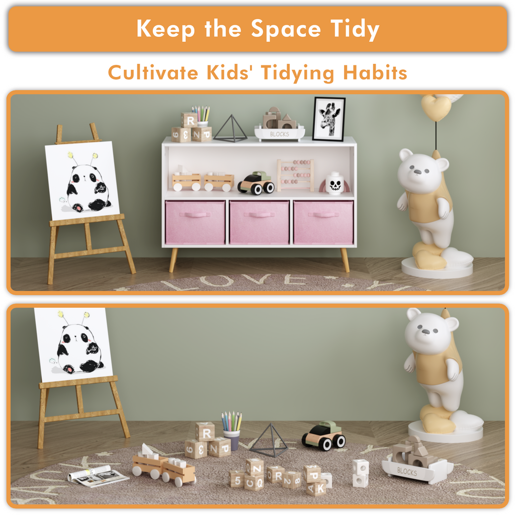 Modern Kids Bookcase with Collapsible Fabric Drawers, Children's Book Display & Toy Storage, White/Pink MDF & Pine Legs - Gra