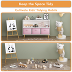 Modern Kids Bookcase with Collapsible Fabric Drawers, Children's Book Display & Toy Storage, White/Pink MDF & Pine Legs - Gra