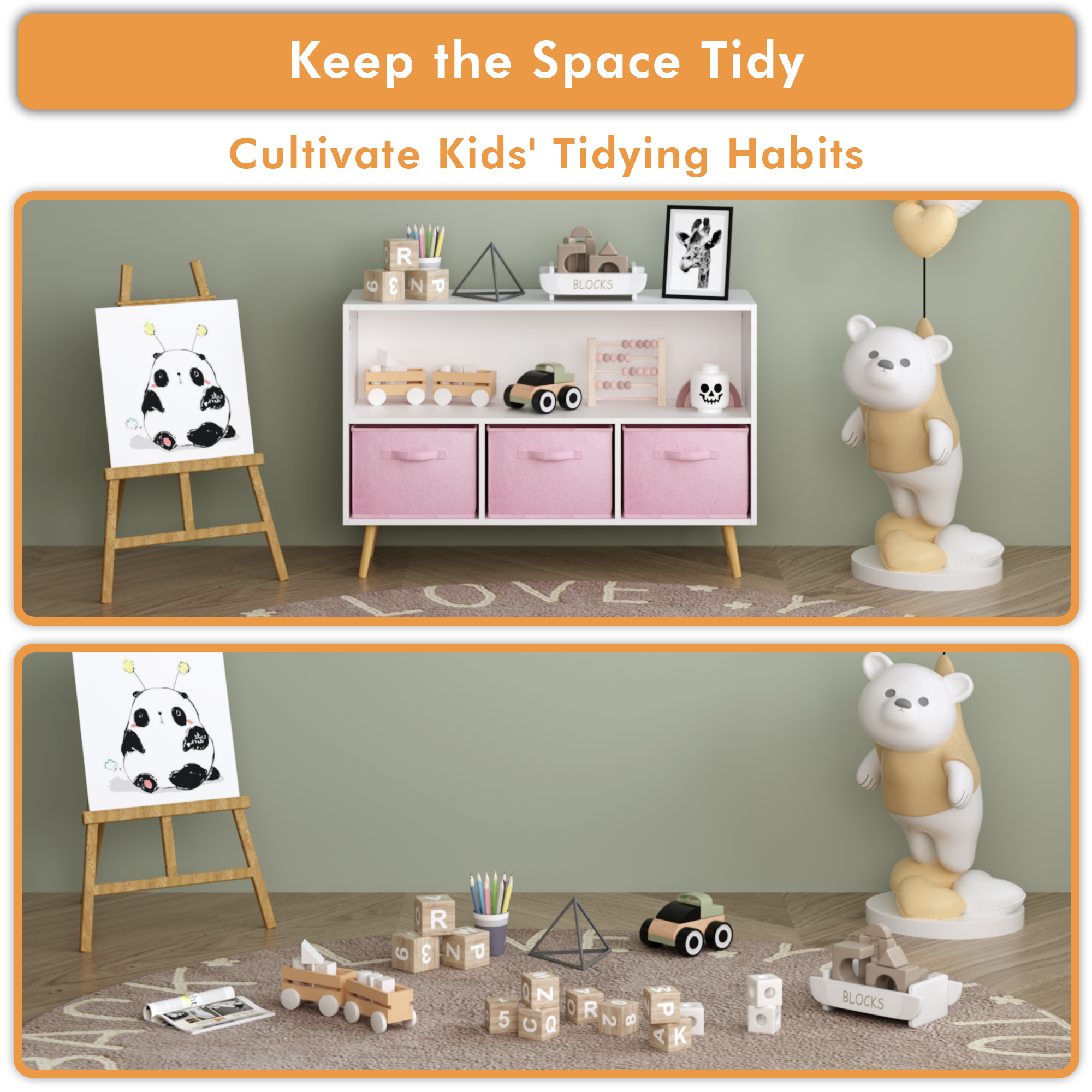 Modern Kids Bookcase with Collapsible Fabric Drawers, Children's Book Display & Toy Storage, White/Pink MDF & Pine Legs - Gra