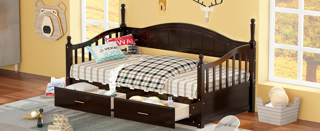 Wooden Twin Size Daybed with Twin Size Trundle, Extendable Daybed with Two Storage Drawers, Espresso(Expected Arrival Time:9.12) - Grand Goldman Shop