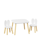 Rabbit Themed Kids Table and 2 Chairs Set, White Solid Wood & MDF Play Table with Rounded Edges, 3-Piece Toddler Furniture fo