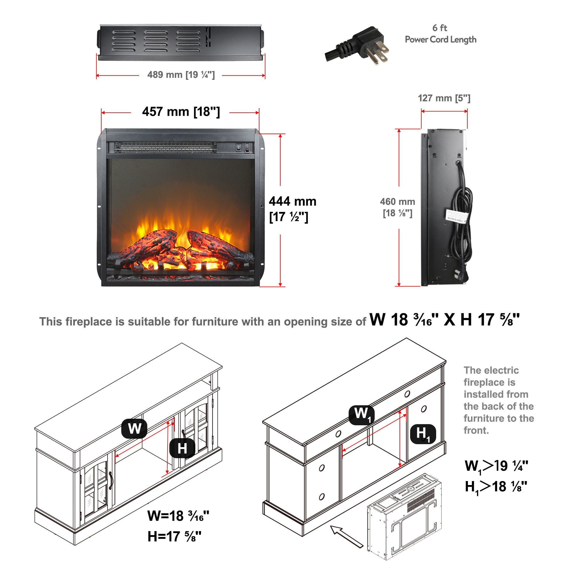 18 inch electric fireplace insert, ultra thin heater with log set & realistic flame, overheating protection - Grand Goldman Shop