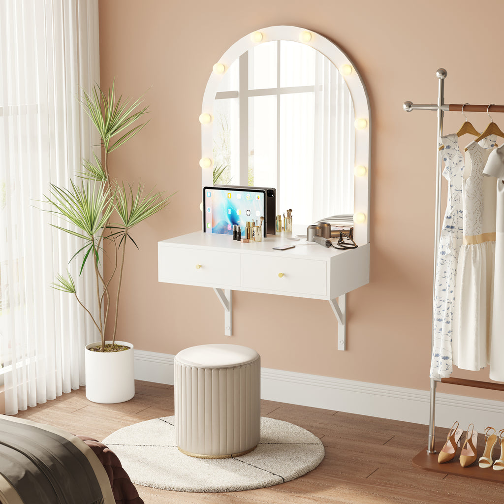 Floating Makeup Vanity Desk with Mirror & 3-Color Lights, Wall Dressing Table with Power Outlet, Compact vanity, Large Storage, White - Grand Goldman Shop