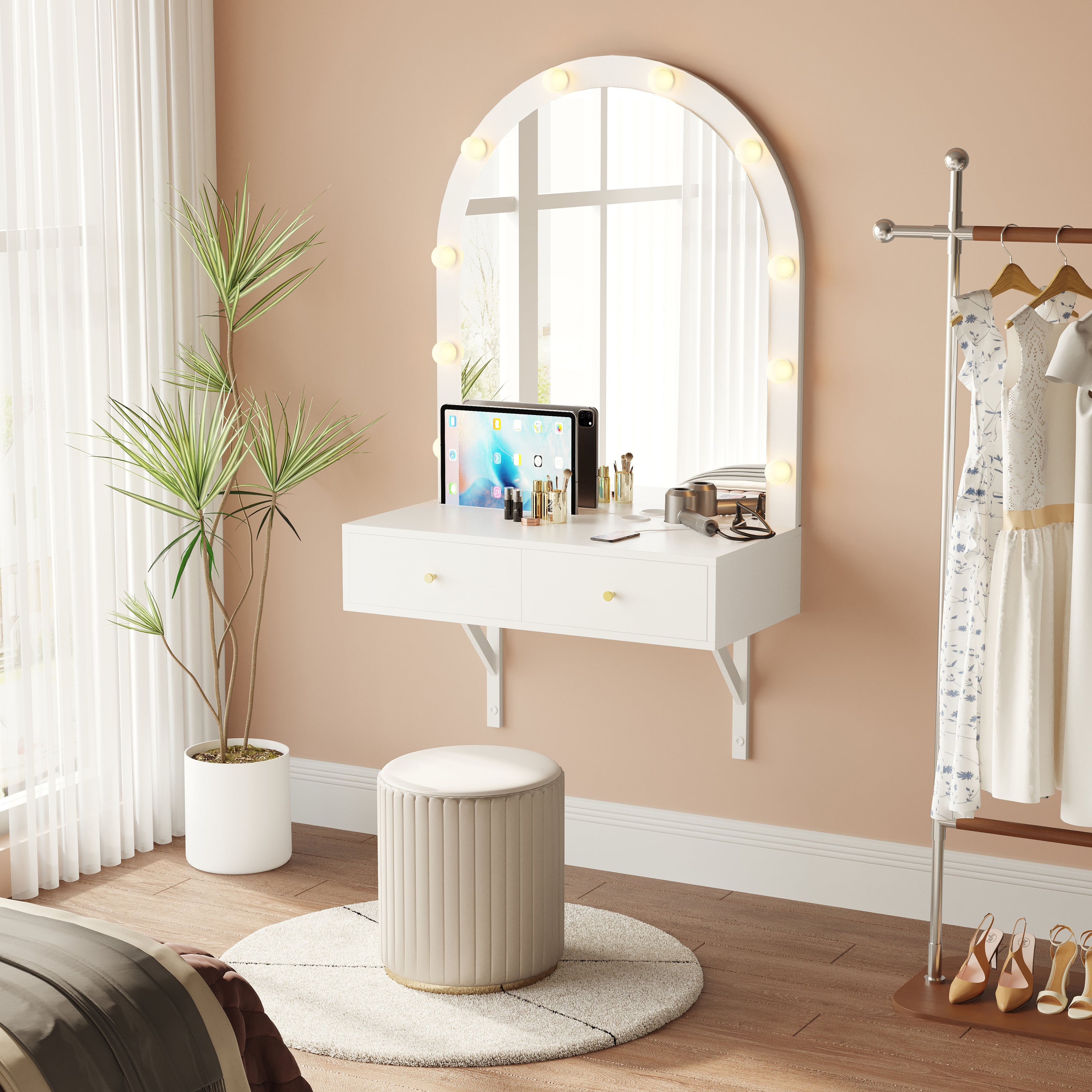 Floating Makeup Vanity Desk with Mirror & 3-Color Lights, Wall Dressing Table with Power Outlet, Compact vanity, Large Storage, White - Grand Goldman Shop