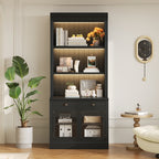 83.4'Tall Bookshelf with 3 pieces LED Lighting, Modern Bookcase with 2 Glass Doors and 1 Drawer,Storage Bookcase with Open Sh