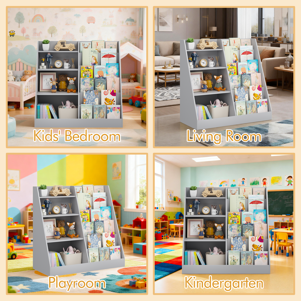 Kids Bookshelf and Toy Storage Organizer, Multifunctional 4 Tier Wooden Kids Book Shelf with  Bookcase Display Stand in Kids 