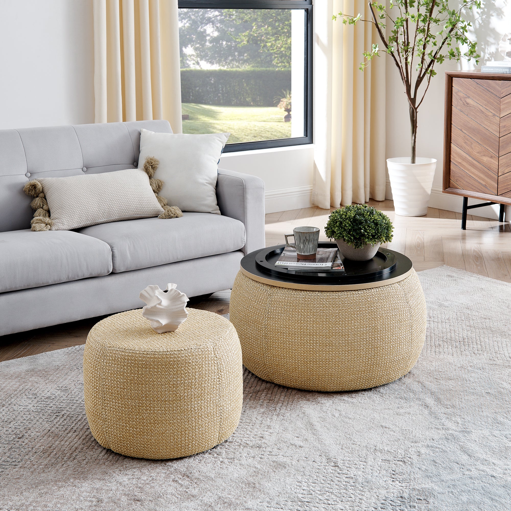 Woven Rattan Fabric Round Storage Ottoman with 2-in-1 Function as End Table and Ottoman, Dark Yellow, 25'x25'x14.7' - Grand Goldman Shop