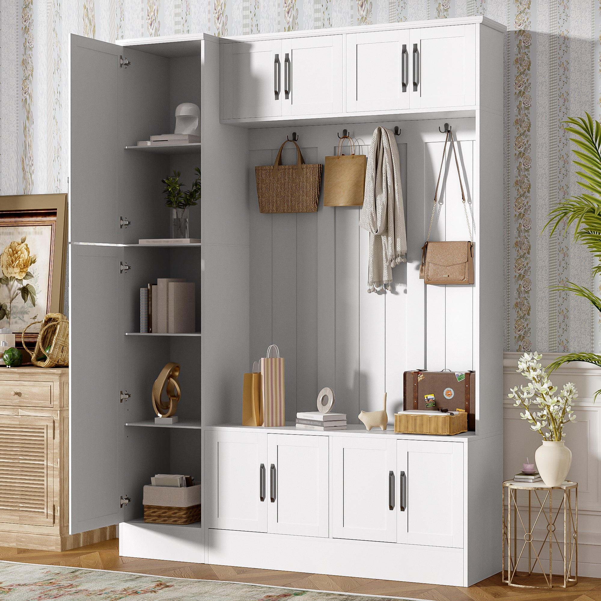 VIBE HAUS 79'' Tall Modern Hall Tree with Shoe Storage, 4-in-1 Entryway Bench with 6 Cabinets, 4 Coat Hooks & Adjustable Shelf for Hallway, living room, White - Grand Goldman Shop
