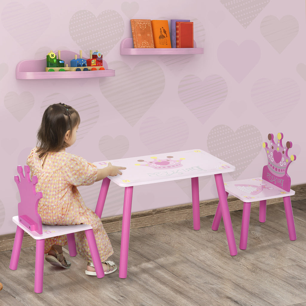 Qaba 3-Piece Kids Wooden Table and Chair Set with Crown Pattern Gift for Girls Toddlers Arts Reading Writing Age 2-4 Years Pi
