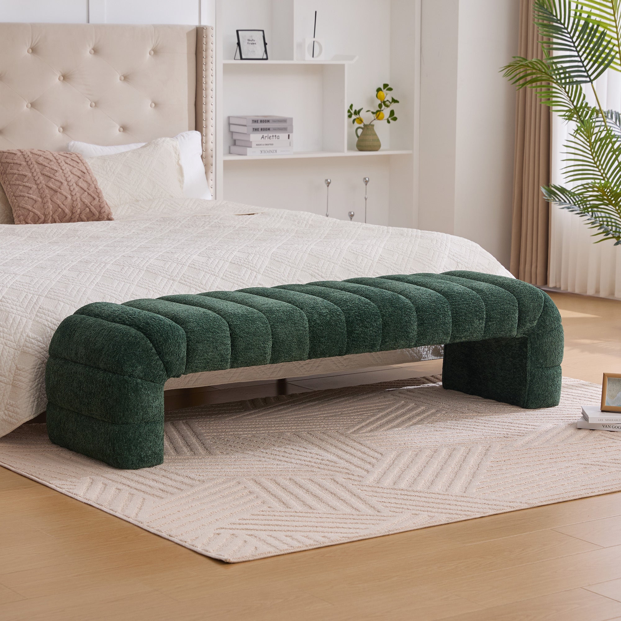 Modern Upholstered Armless Bed Bench with Channel Tufting in Green Chenille, 69.7' Wide - Grand Goldman Shop