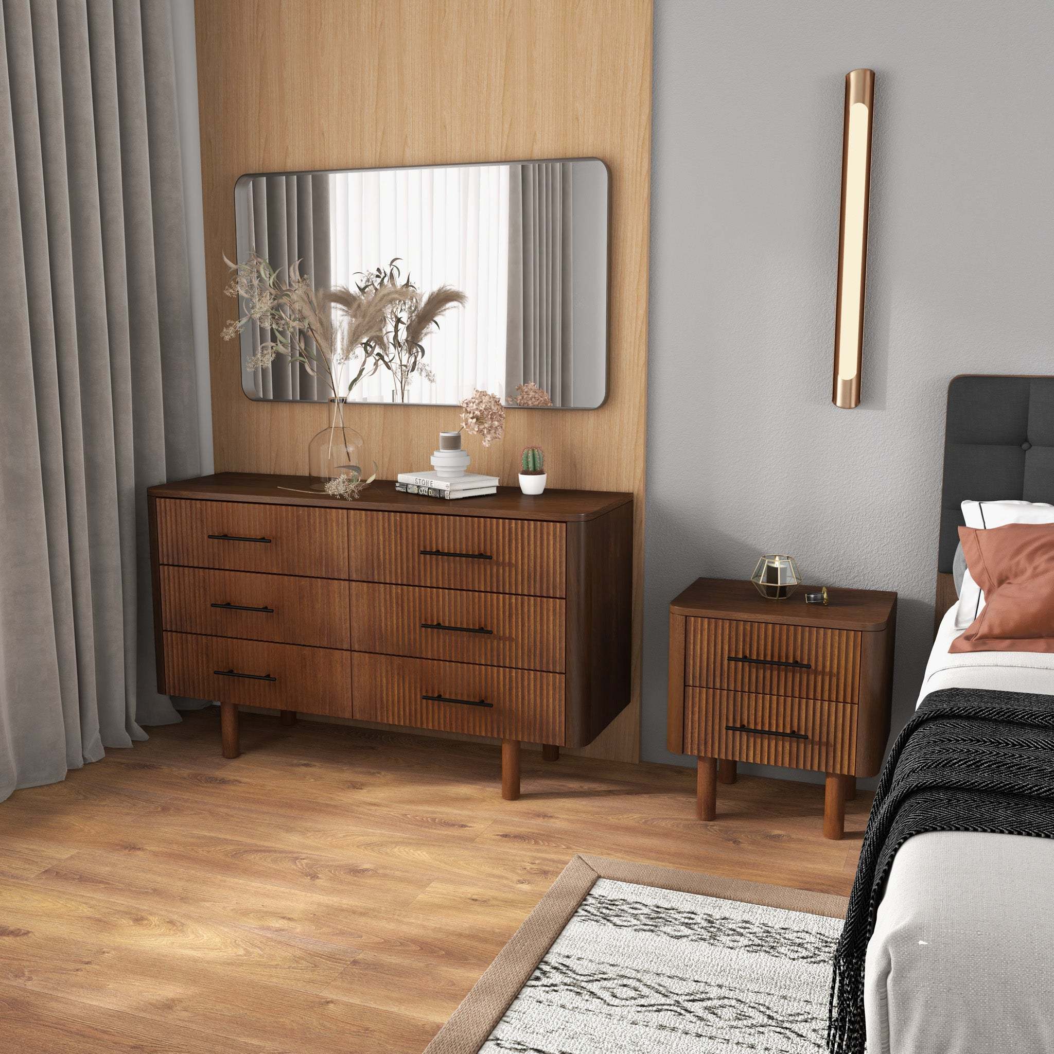 Logan Mid Century Modern Walnut Nightstand with 2 Drawers, Solid Wood, 24x 22x15 inches Drawers and Storage Shelf for Bedrooms, Small Spaces, Bedside Table - Grand Goldman Shop