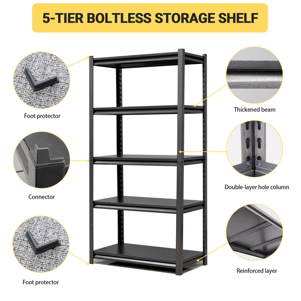 Industrial Heavy-Duty 5 Tier Metal Garage Shelving Unit, 2000LBS Capacity, Adjustable Storage Rack, Black, 31.5'W x 15.7'D x 63'H - Grand Goldman Shop