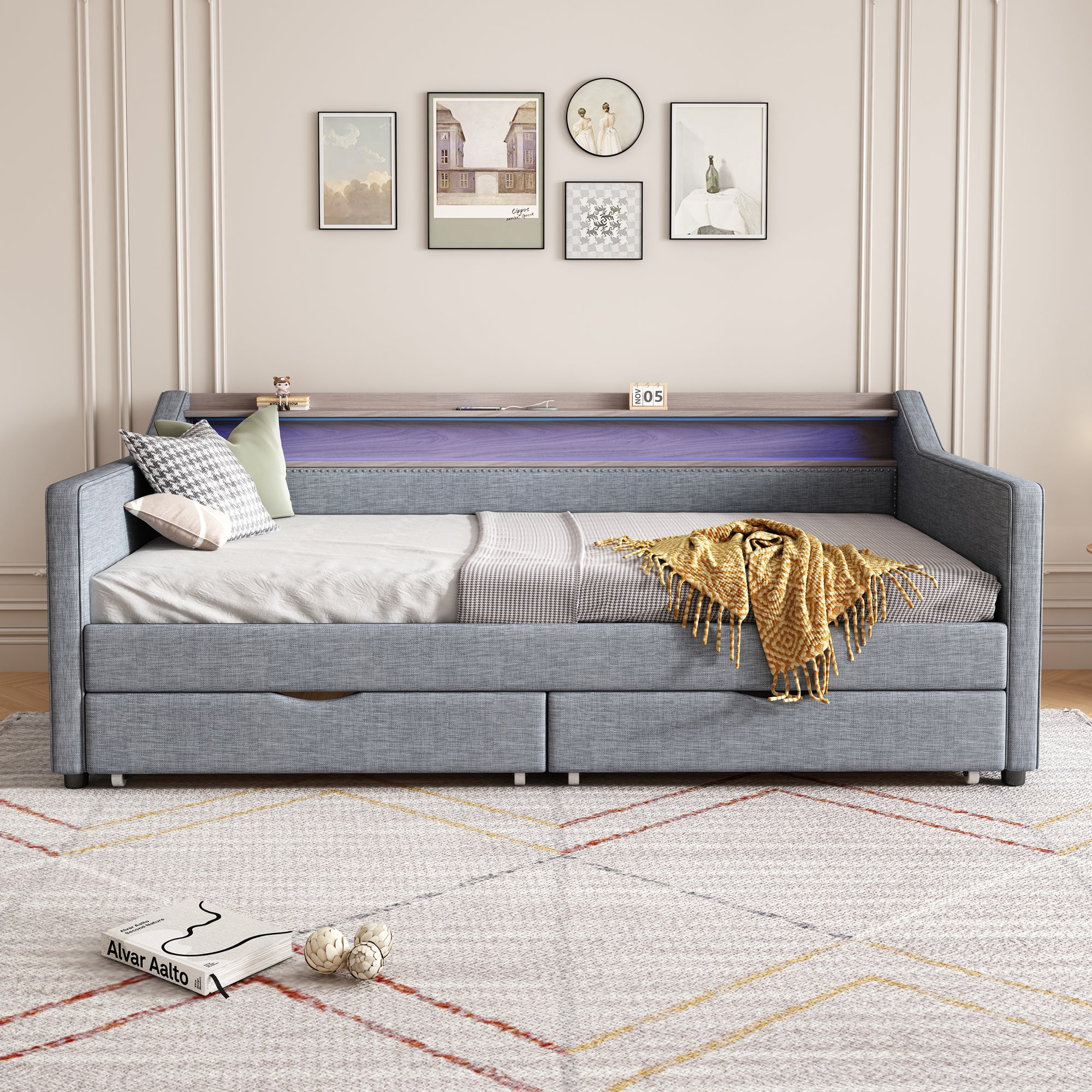Twin Size Daybed with 2 Storage Drawers and 2-Tier Shelf & /USB/Type-C Port, Modern Linen Upholstered Sofa Day Bed Frame with  Smart LED Light for Livingroom, Apartment,Light grey - Grand Goldman Shop
